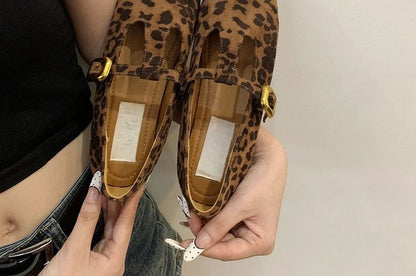 Square Toe T-Strap Faux Suede Flats