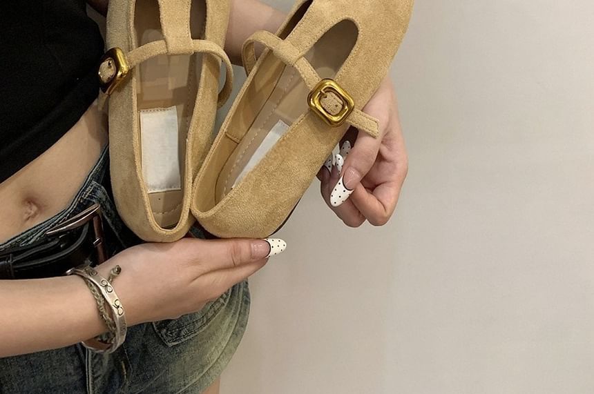 Square Toe T-Strap Faux Suede Flats