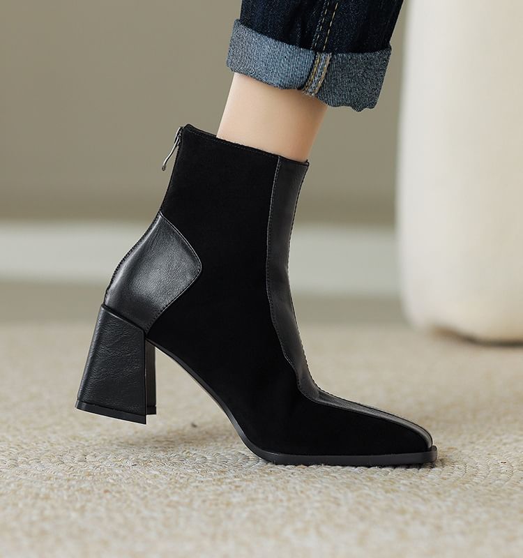 Square Toe Panel Faux Suede Block Heel Short Boots