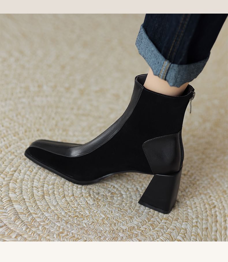 Square Toe Panel Faux Suede Block Heel Short Boots