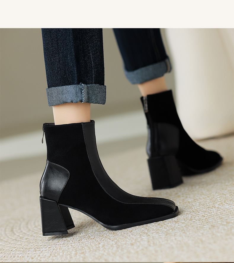 Square Toe Panel Faux Suede Block Heel Short Boots