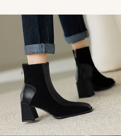Square Toe Panel Faux Suede Block Heel Short Boots