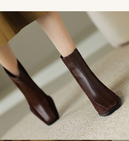 Square Toe Panel Faux Suede Block Heel Short Boots