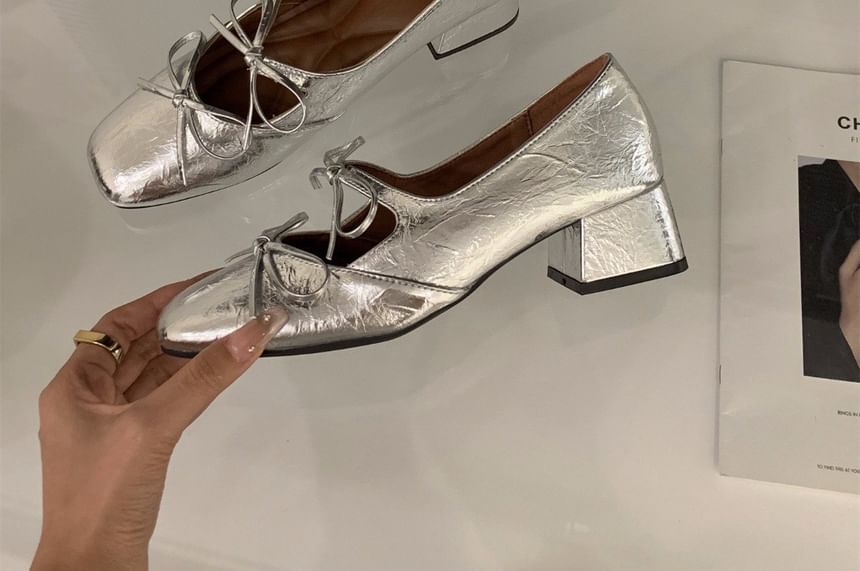 Square Toe Bow Block Heel Mary Jane Pumps