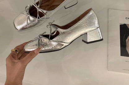 Square Toe Bow Block Heel Mary Jane Pumps