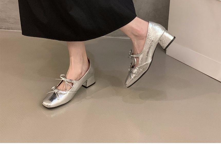 Square Toe Bow Block Heel Mary Jane Pumps