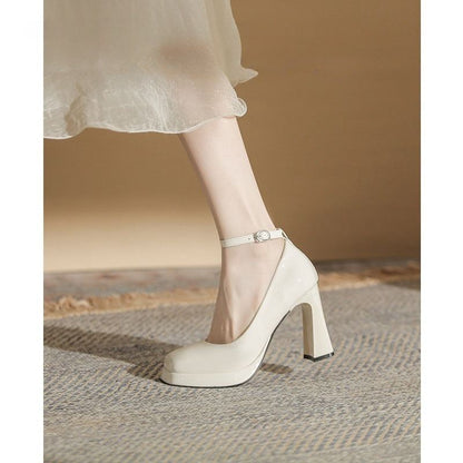Square Toe Platform Patent Leather Ankle Strap Pumps