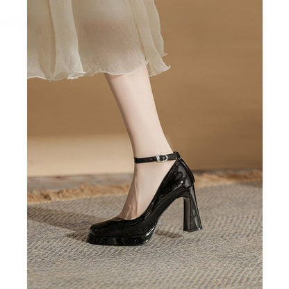 Square Toe Platform Patent Leather Ankle Strap Pumps