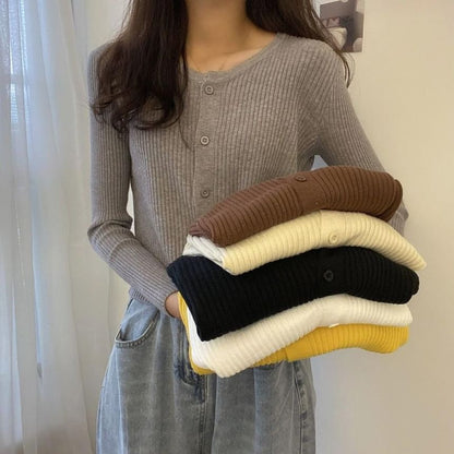 Ribbed Round Neck Button Front Cardigan