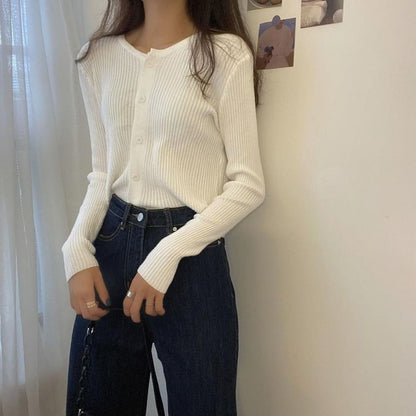 Ribbed Round Neck Button Front Cardigan