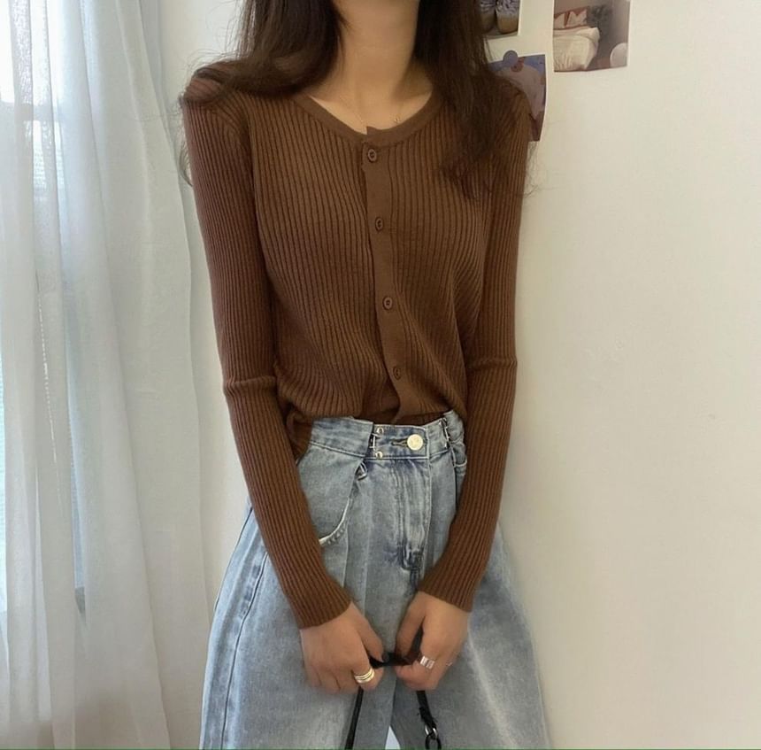 Ribbed Round Neck Button Front Cardigan