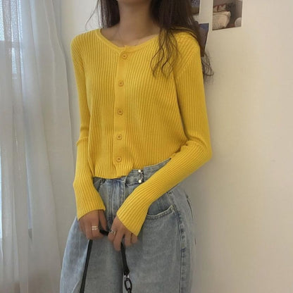 Ribbed Round Neck Button Front Cardigan