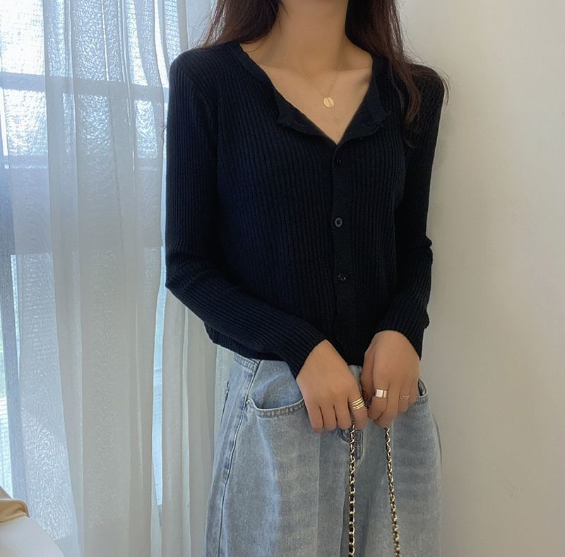 Ribbed Round Neck Button Front Cardigan