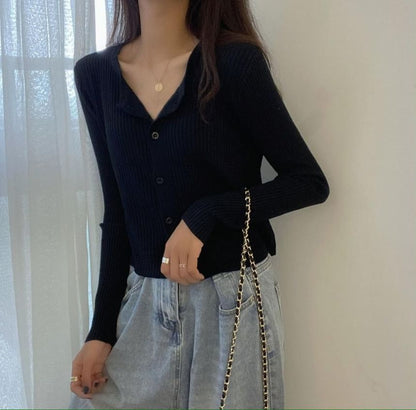 Ribbed Round Neck Button Front Cardigan