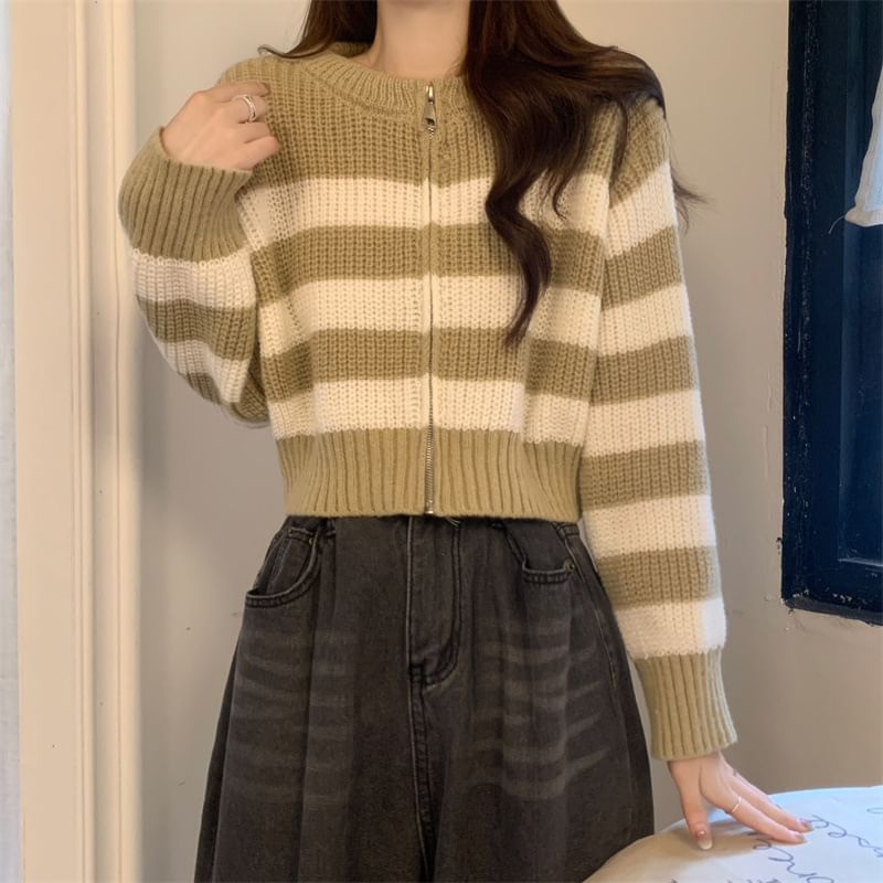 Striped Zip Up Cropped Cardigan