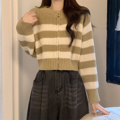 Striped Zip Up Cropped Cardigan