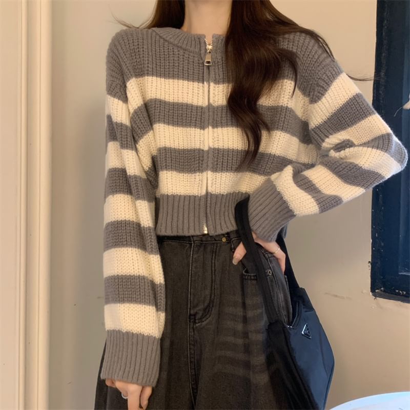 Striped Zip Up Cropped Cardigan