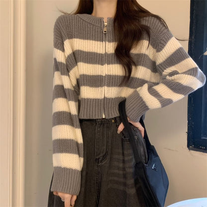 Striped Zip Up Cropped Cardigan