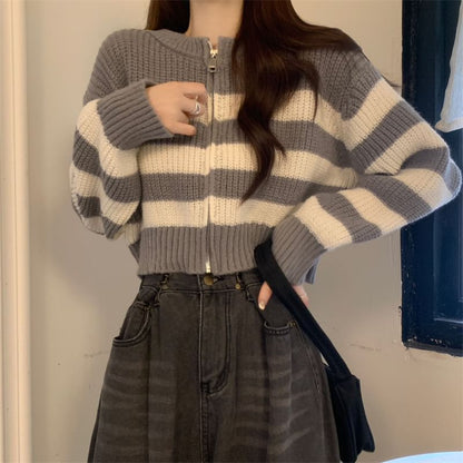 Striped Zip Up Cropped Cardigan