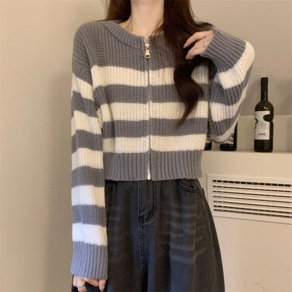 Striped Zip Up Cropped Cardigan