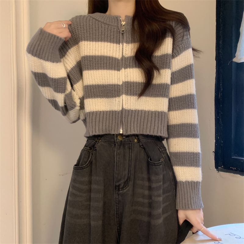 Striped Zip Up Cropped Cardigan