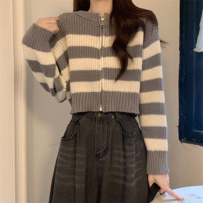 Striped Zip Up Cropped Cardigan