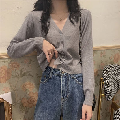 V-Neck Button Cropped Cardigan