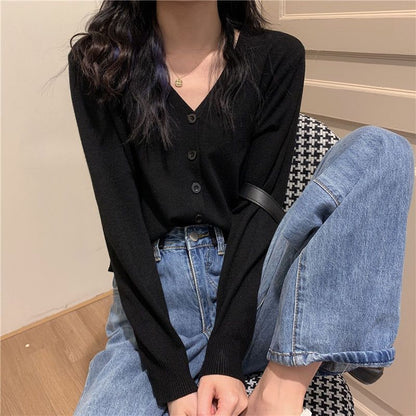 V-Neck Button Cropped Cardigan
