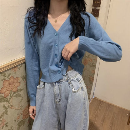 V-Neck Button Cropped Cardigan