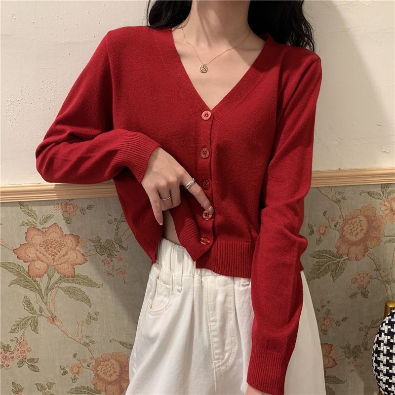 V-Neck Button Cropped Cardigan