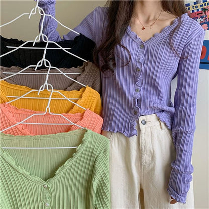 Lettuce Trim V-Neck Ribbed Crop Cardigan