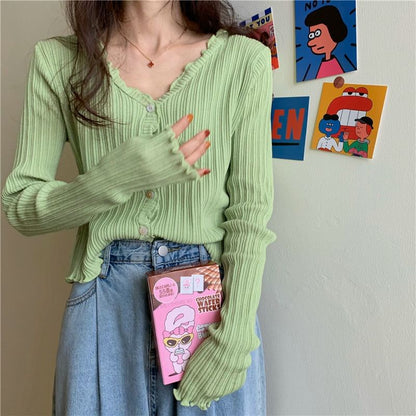 Lettuce Trim V-Neck Ribbed Crop Cardigan