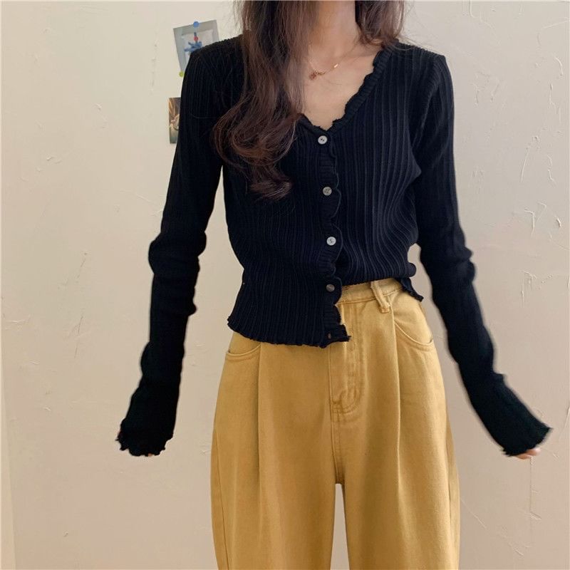 Lettuce Trim V-Neck Ribbed Crop Cardigan