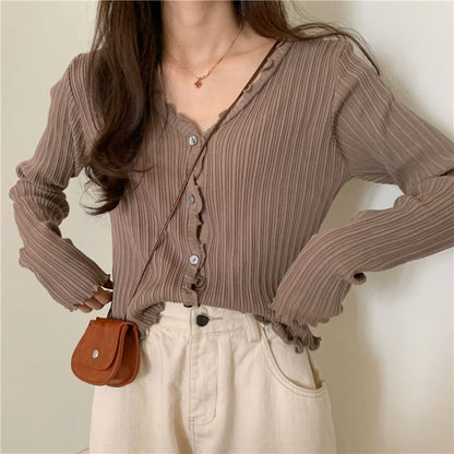 Lettuce Trim V-Neck Ribbed Crop Cardigan
