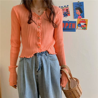 Lettuce Trim V-Neck Ribbed Crop Cardigan