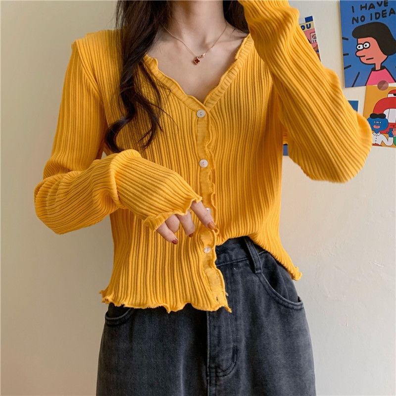 Lettuce Trim V-Neck Ribbed Crop Cardigan