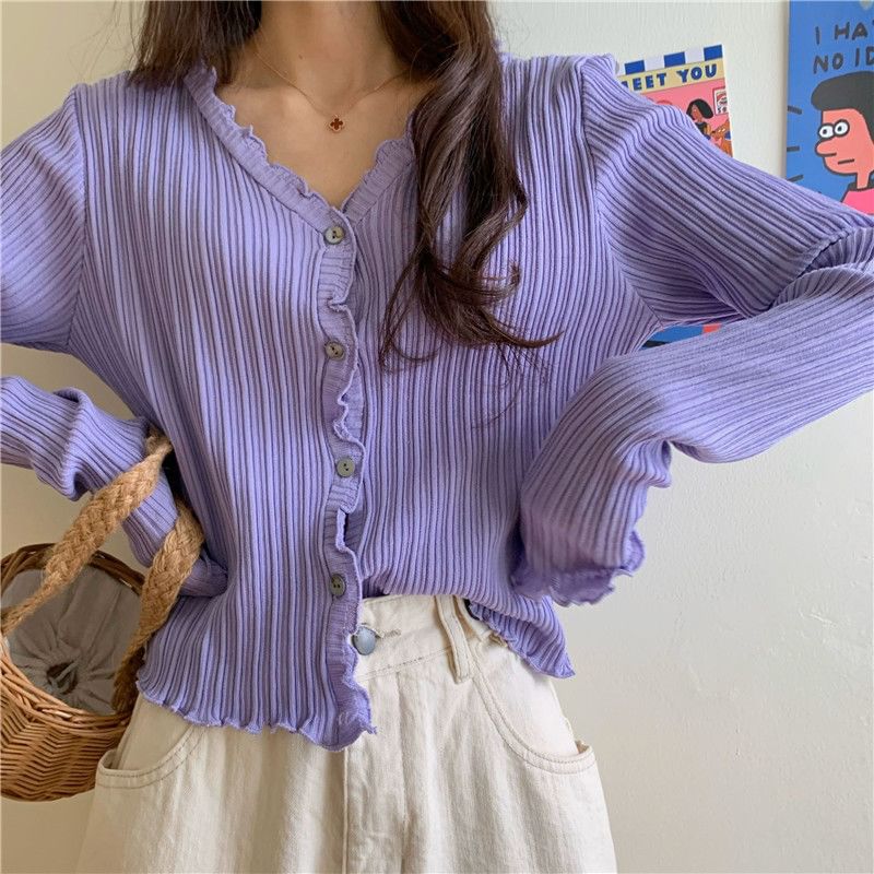 Lettuce Trim V-Neck Ribbed Crop Cardigan