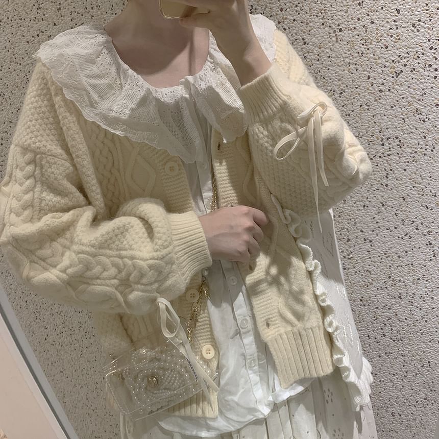 Long Sleeve V-Neck Lace Up Cable Knit Cardigan