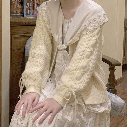 Long Sleeve V-Neck Lace Up Cable Knit Cardigan