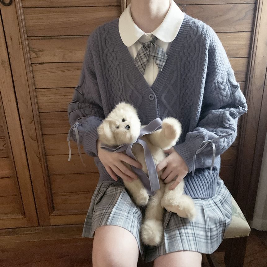 Long Sleeve V-Neck Lace Up Cable Knit Cardigan