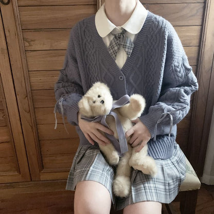Long Sleeve V-Neck Lace Up Cable Knit Cardigan