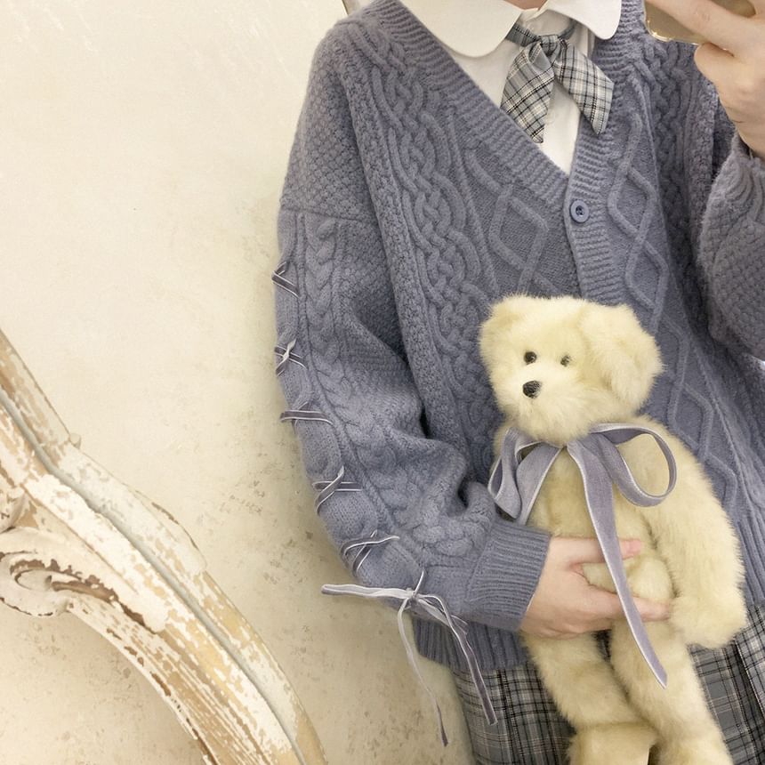 Long Sleeve V-Neck Lace Up Cable Knit Cardigan