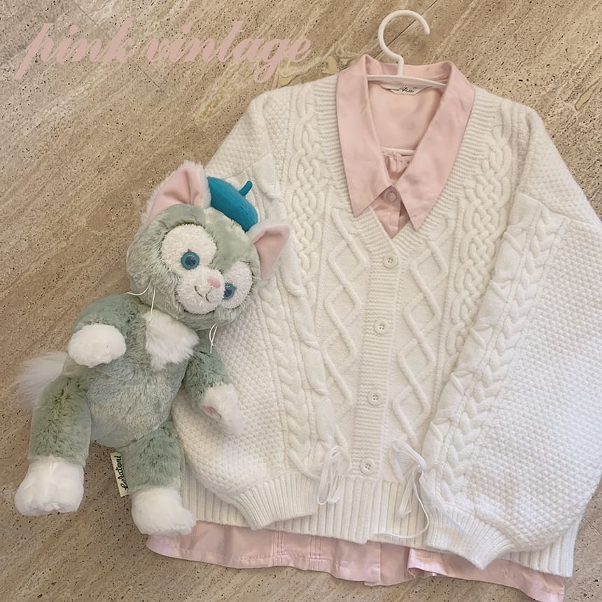 Long Sleeve V-Neck Lace Up Cable Knit Cardigan