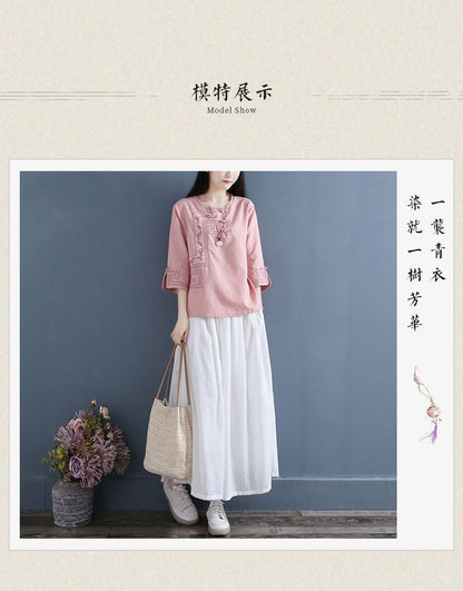 3/4 Sleeve Crew Neck Floral Embroidered Blouse