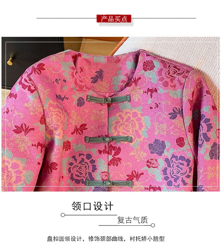 Crew Neck Floral Print Cropped Knot Button Jacket