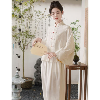 Long Sleeve Mandarin Collar Floral Hanfu Shirt / Mid Rise Wide Leg Pants