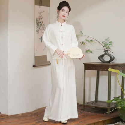 Long Sleeve Mandarin Collar Floral Hanfu Shirt / Mid Rise Wide Leg Pants