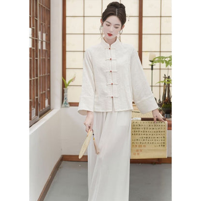 Long Sleeve Mandarin Collar Floral Hanfu Shirt / Mid Rise Wide Leg Pants