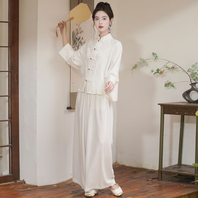 Long Sleeve Mandarin Collar Floral Hanfu Shirt / Mid Rise Wide Leg Pants