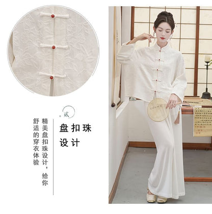 Long Sleeve Mandarin Collar Floral Hanfu Shirt / Mid Rise Wide Leg Pants